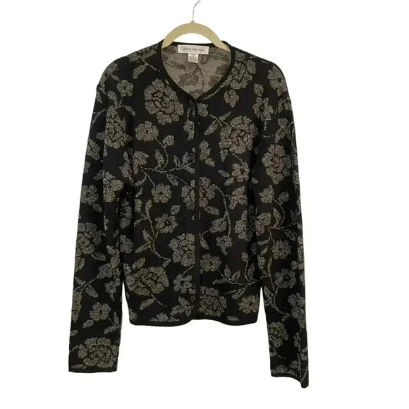 Jones New York Black Dark Floral Sweater Cardigan Size Medium Stretch Vintage - Picture 6 of 9